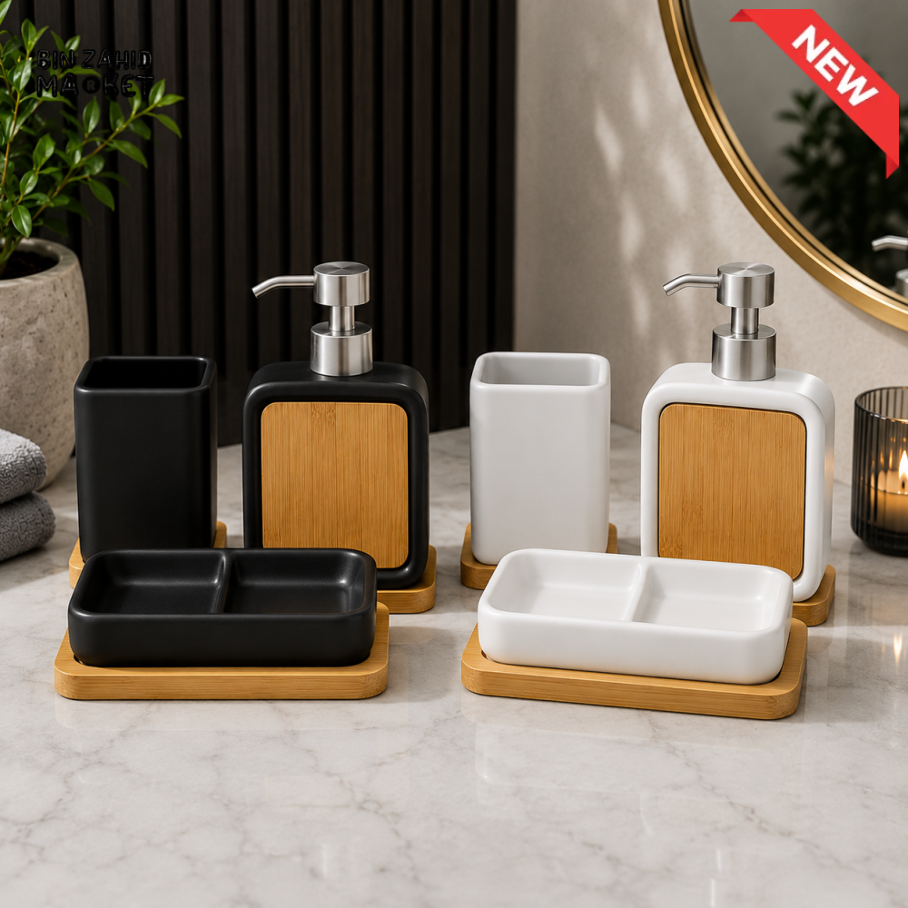 MODERN NORDIC BAMBOO BATHROOM ACCESSORY SET – BLACK & WHITE EDITION 4-PIECE