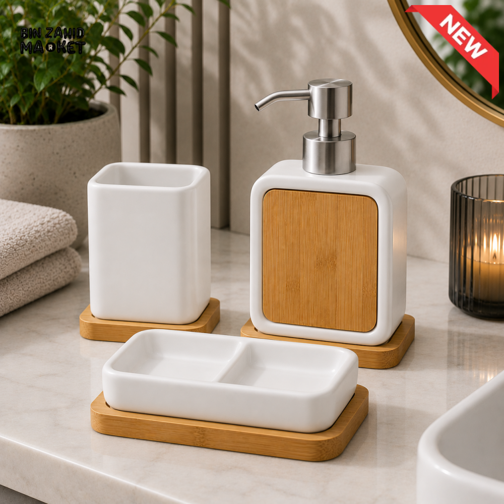 MODERN NORDIC BAMBOO BATHROOM ACCESSORY SET – BLACK & WHITE EDITION 4-PIECE - White