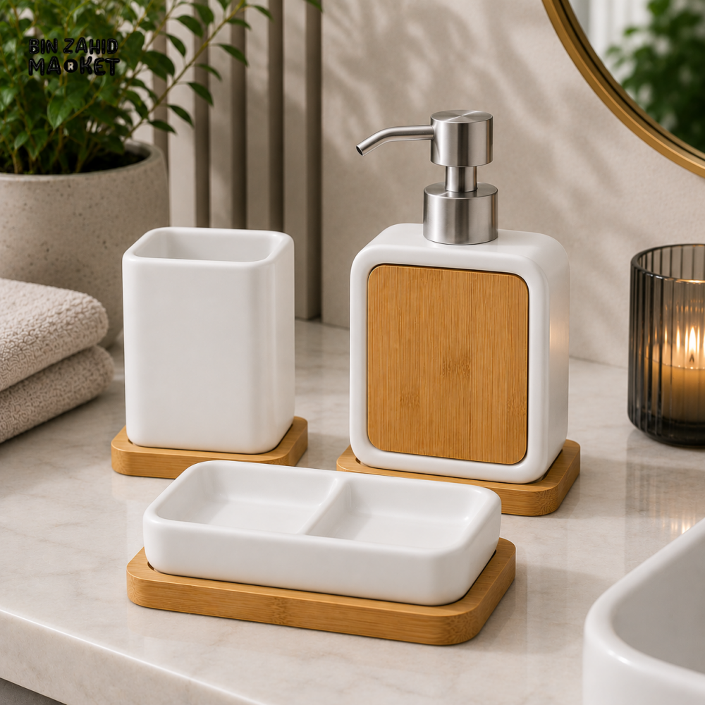 MODERN NORDIC BAMBOO BATHROOM ACCESSORY SET – BLACK & WHITE EDITION 4-PIECE - White