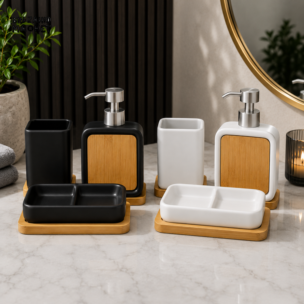 MODERN NORDIC BAMBOO BATHROOM ACCESSORY SET – BLACK & WHITE EDITION 4-PIECE