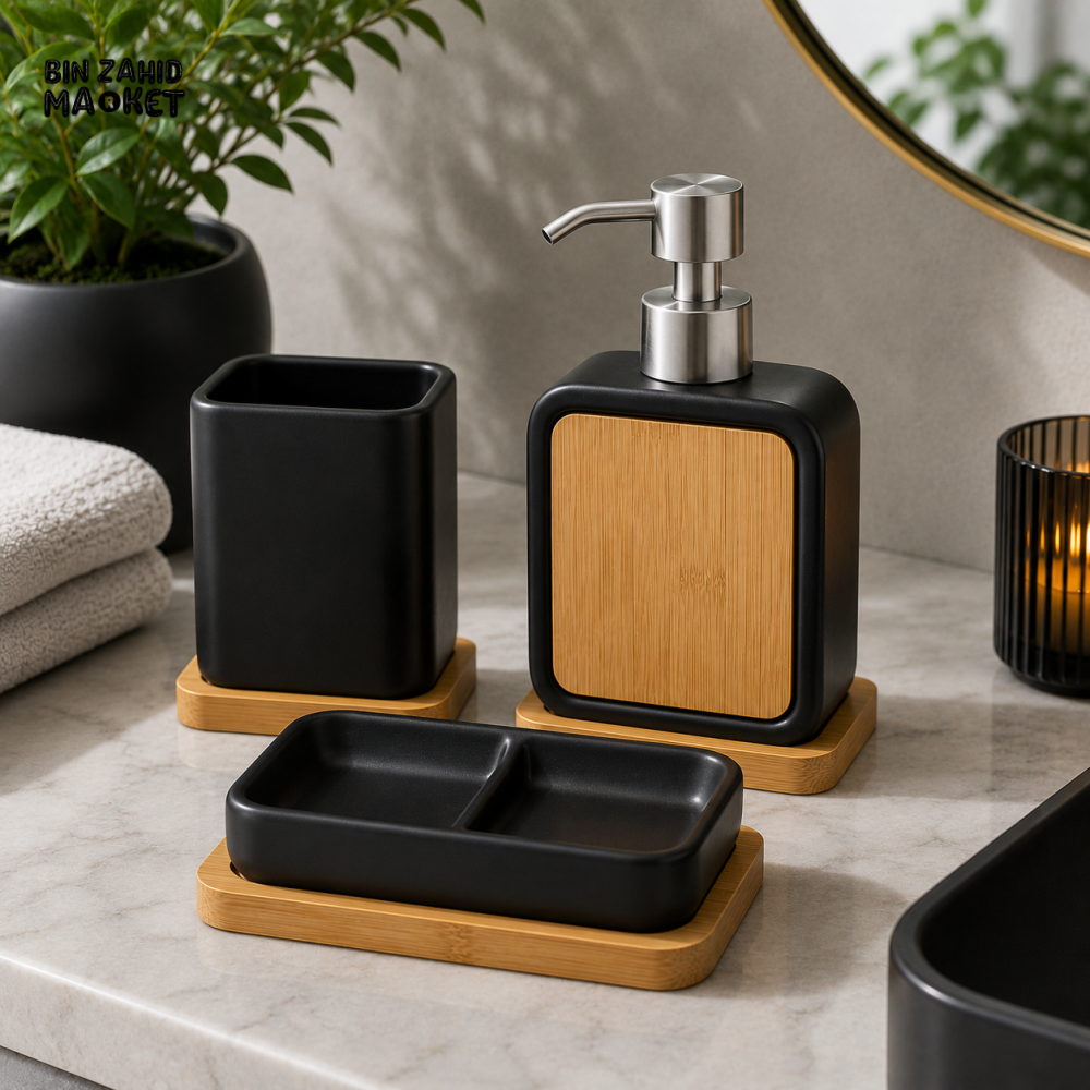 MODERN NORDIC BAMBOO BATHROOM ACCESSORY SET – BLACK & WHITE EDITION 4-PIECE - Black