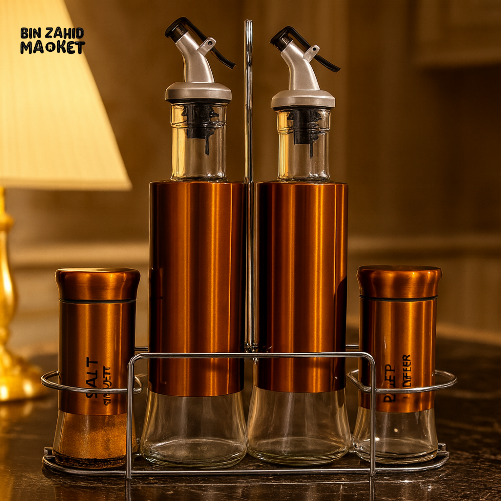 MODERN OLIVE OIL RACK SET – 5-PIECE DISPENSER STAND WITH SPICE JARS PREMIUM KITCHEN ORGANIZER - COPPER
