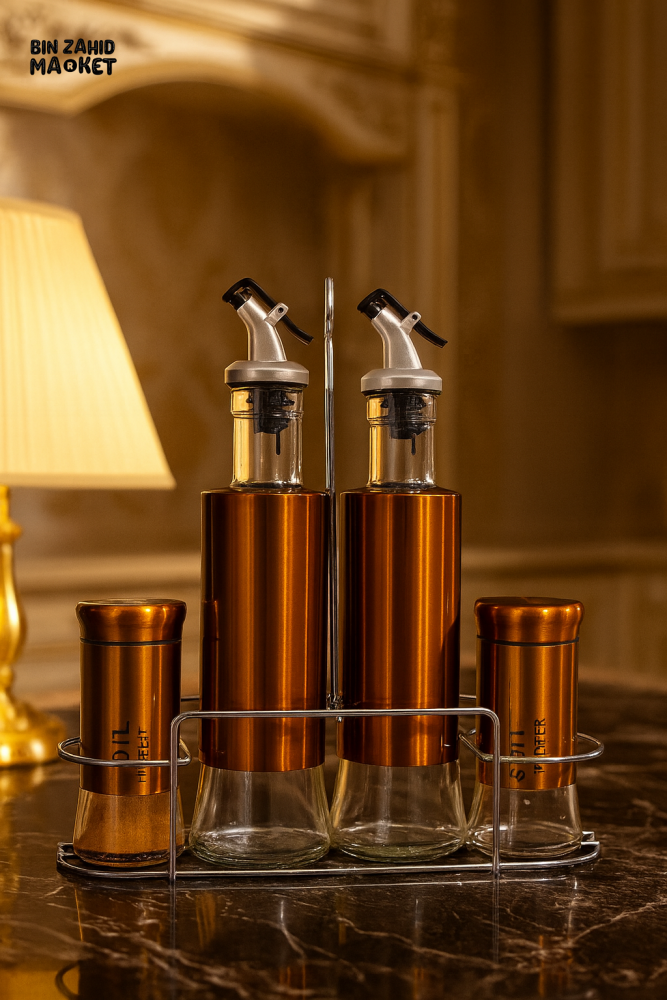 MODERN OLIVE OIL RACK SET – 5-PIECE DISPENSER STAND WITH SPICE JARS PREMIUM KITCHEN ORGANIZER - COPPER