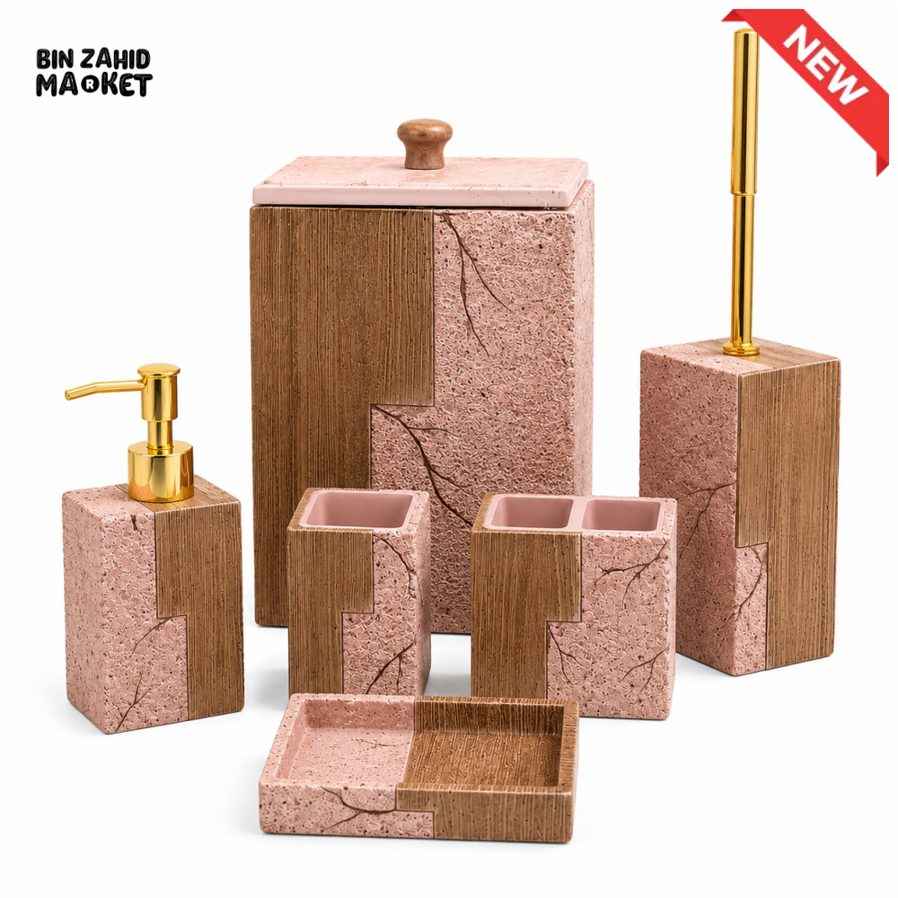 MODERN PINK & WOOD TEXTURED CERAMIC BATHROOM ACCESSORIES SET – 6 PIECES