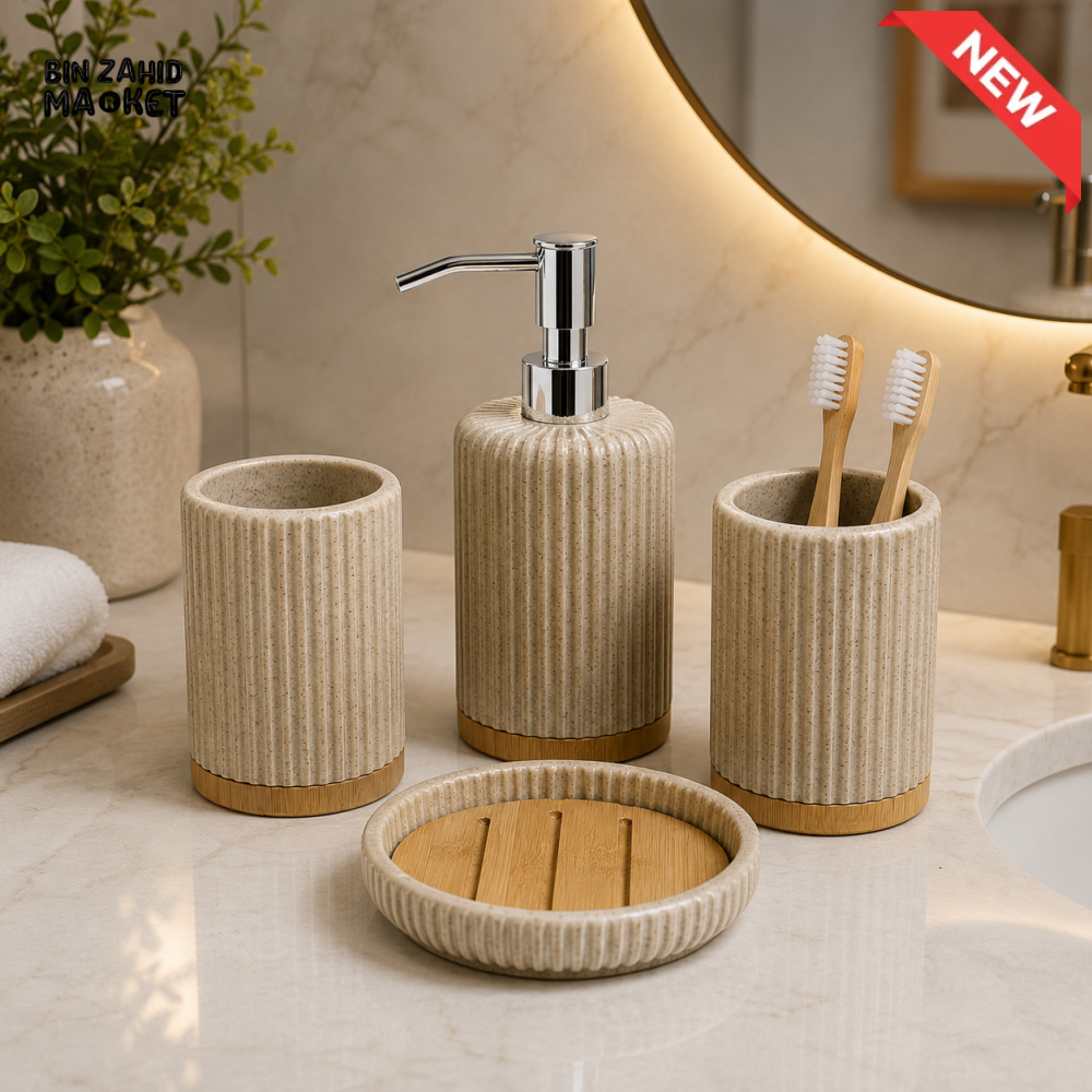 MODERN RIBBED CERAMIC BATHROOM ACCESSORIES SET WITH BAMBOO BASE – 4 PIECES
