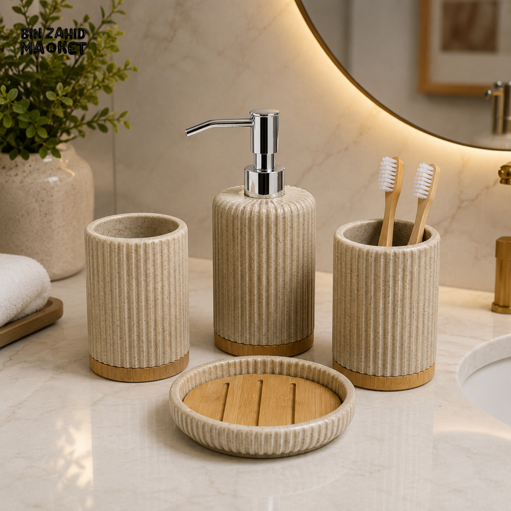 MODERN RIBBED CERAMIC BATHROOM ACCESSORIES SET WITH BAMBOO BASE – 4 PIECES