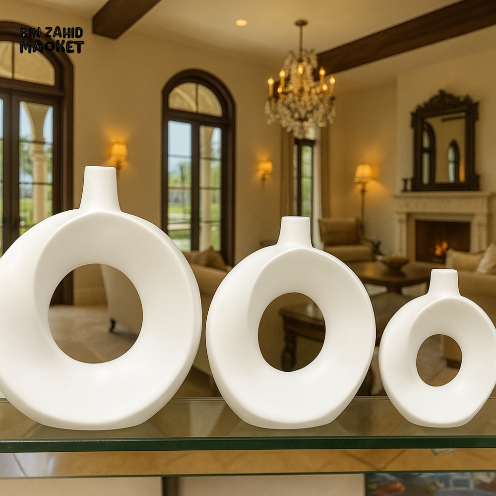 MODERN SET OF 3 CERAMIC DONUT VASE SET - WHITE MINIMALIST HOME DECOR