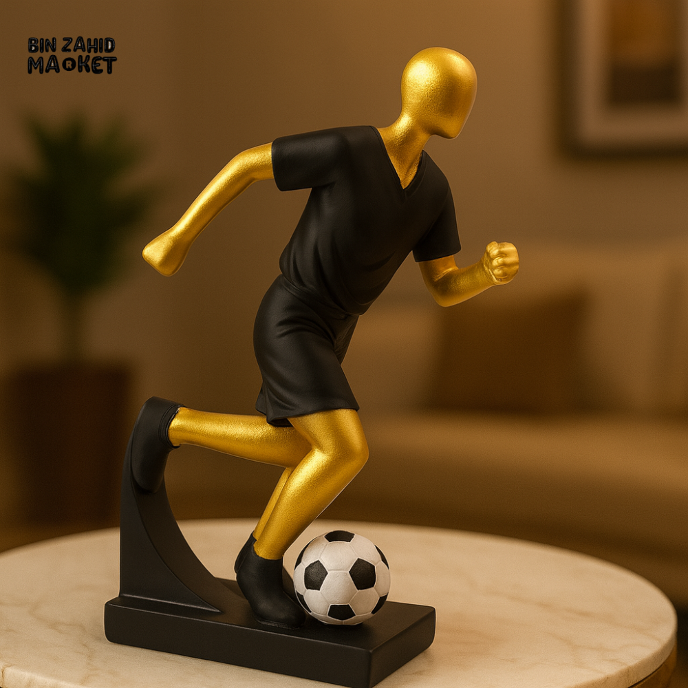 MODERN SOCCER PLAYER FIGURINE – GOLD AND BLACK TABLETOP SCULPTURE