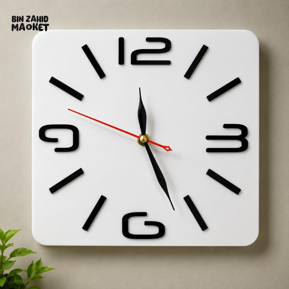 MODERN SQUARE WALL CLOCK WITH 3D NUMBER DESIGN