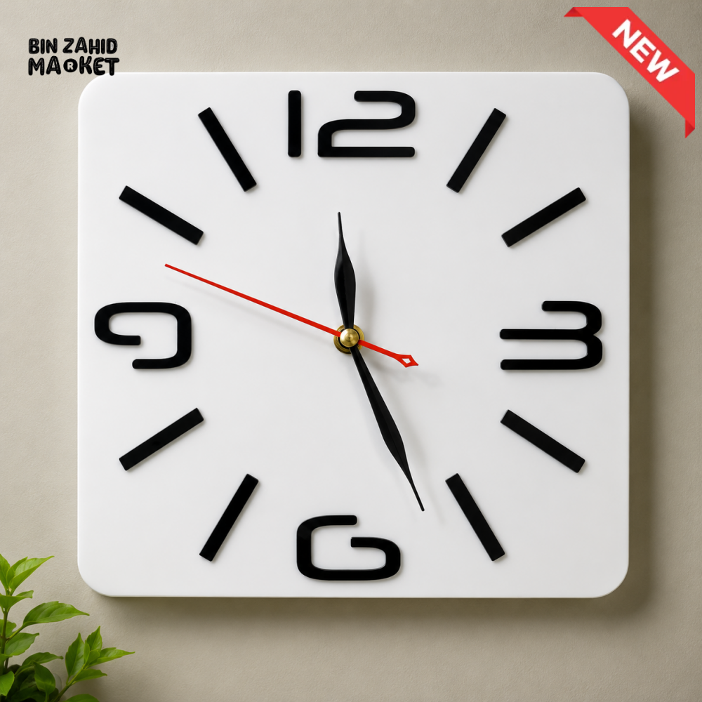 MODERN SQUARE WALL CLOCK WITH 3D NUMBER DESIGN