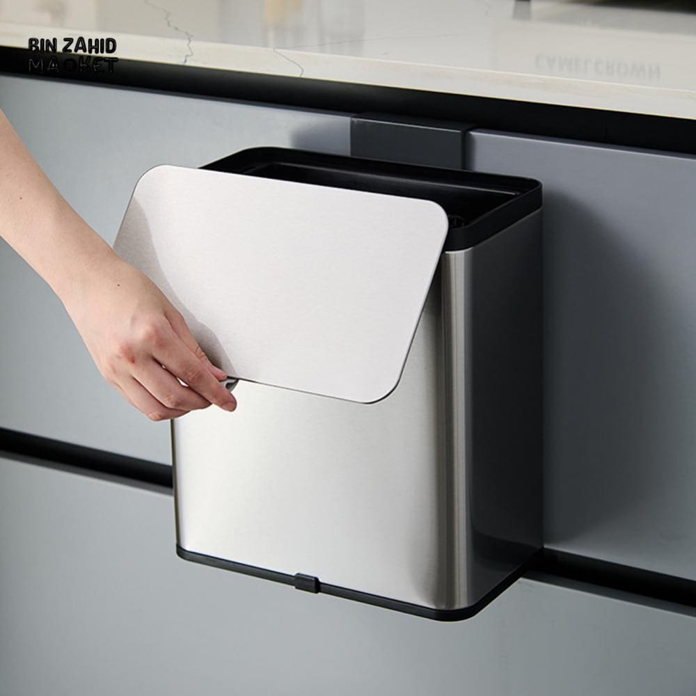 MODERN STAINLESS STEEL HANGING KITCHEN TRASH CAN – WALL & CABINET MOUNT COMPOST BIN WITH LID