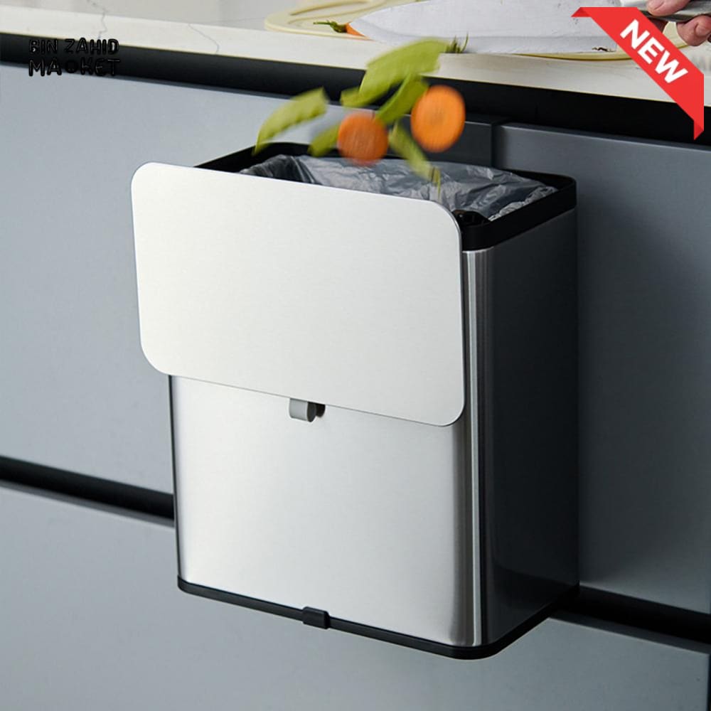 MODERN STAINLESS STEEL HANGING KITCHEN TRASH CAN – WALL & CABINET MOUNT COMPOST BIN WITH LID
