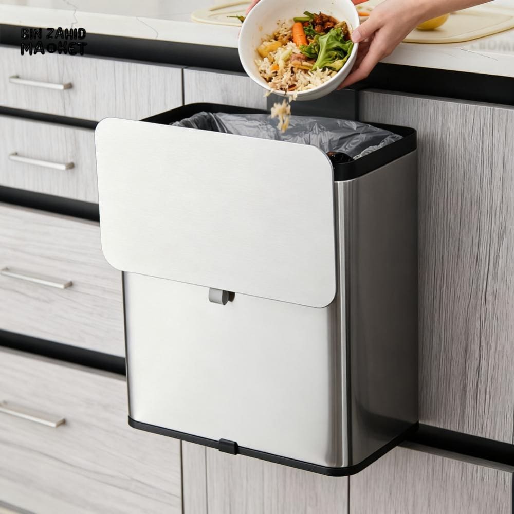 MODERN STAINLESS STEEL HANGING KITCHEN TRASH CAN – WALL & CABINET MOUNT COMPOST BIN WITH LID