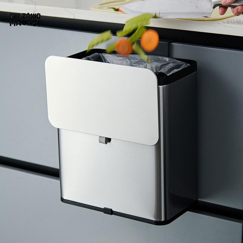 MODERN STAINLESS STEEL HANGING KITCHEN TRASH CAN – WALL & CABINET MOUNT COMPOST BIN WITH LID