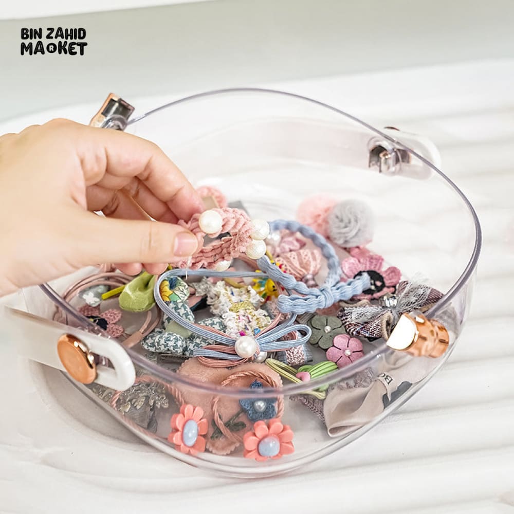 MODERN TRANSPARENT HAIR ACCESSORY & JEWELRY STORAGE BOX WITH HANDLE