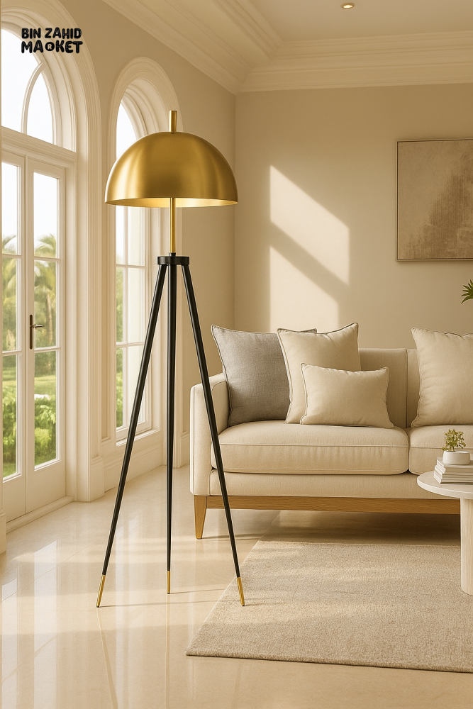 MODERN TRIPOD FLOOR LAMP – GOLD DOME SHADE LUXURY STANDING LIGHT FOR HOME & OFFICE