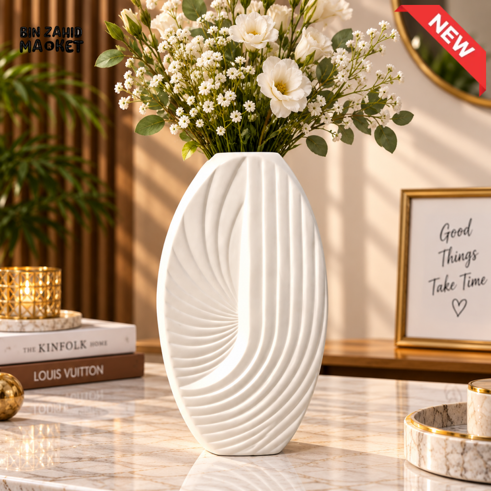 MODERN WHITE ABSTRACT SWIRL DESIGN CERAMIC DECORATIVE VASE