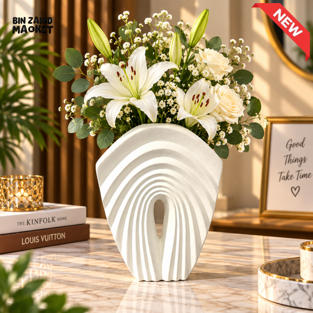 MODERN WHITE ARCH RIPPLE DESIGN CERAMIC DECORATIVE FLOWER VASE