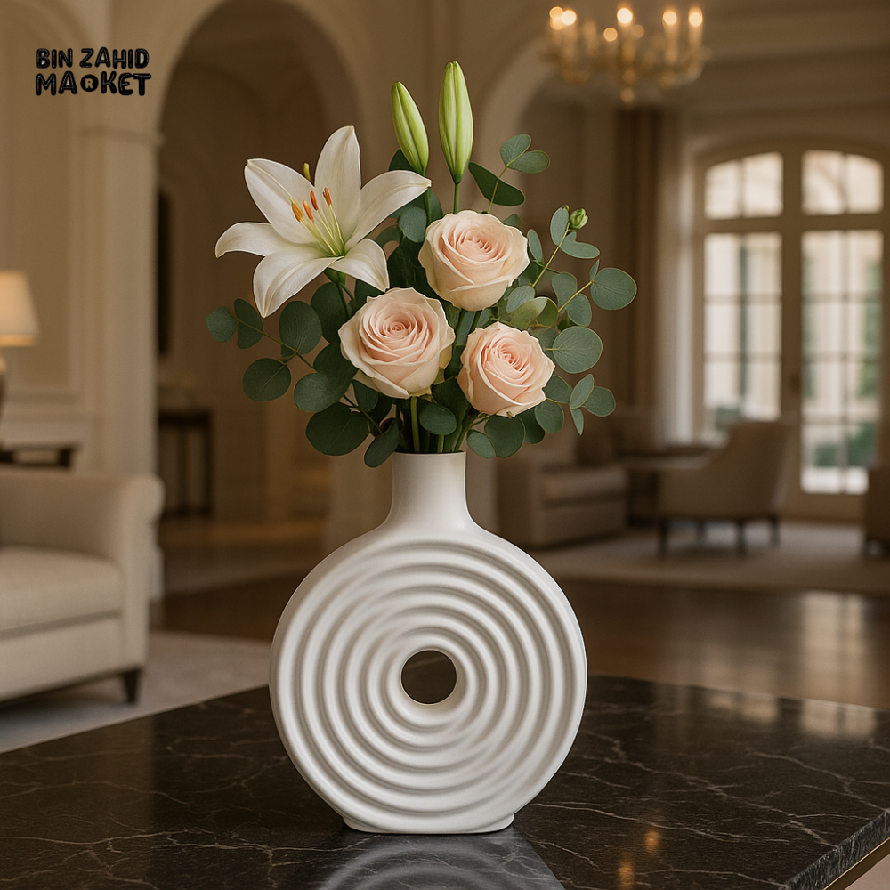 MODERN WHITE CERAMIC VASE – LUXURY TABLE DECOR ACCENT - WHITE