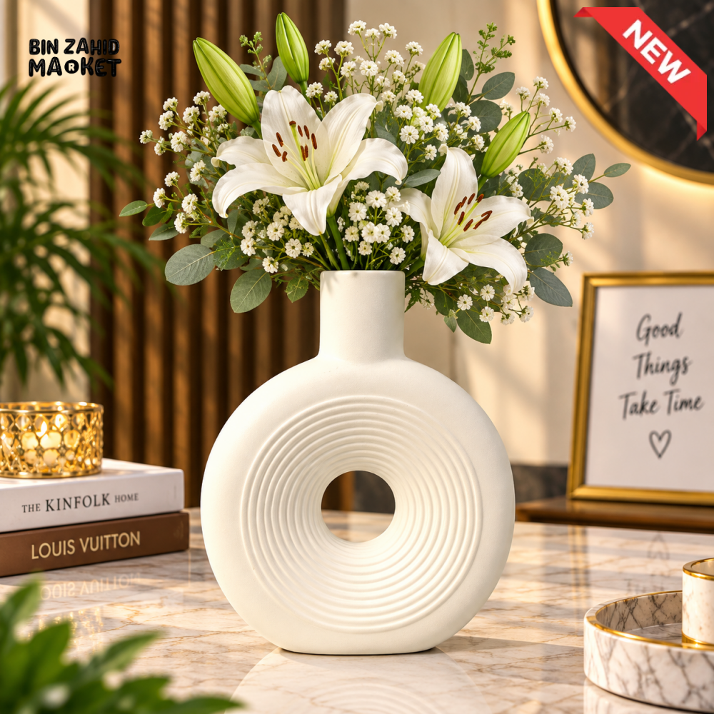 MODERN WHITE DONUT DESIGN CERAMIC DECORATIVE FLOWER VASE