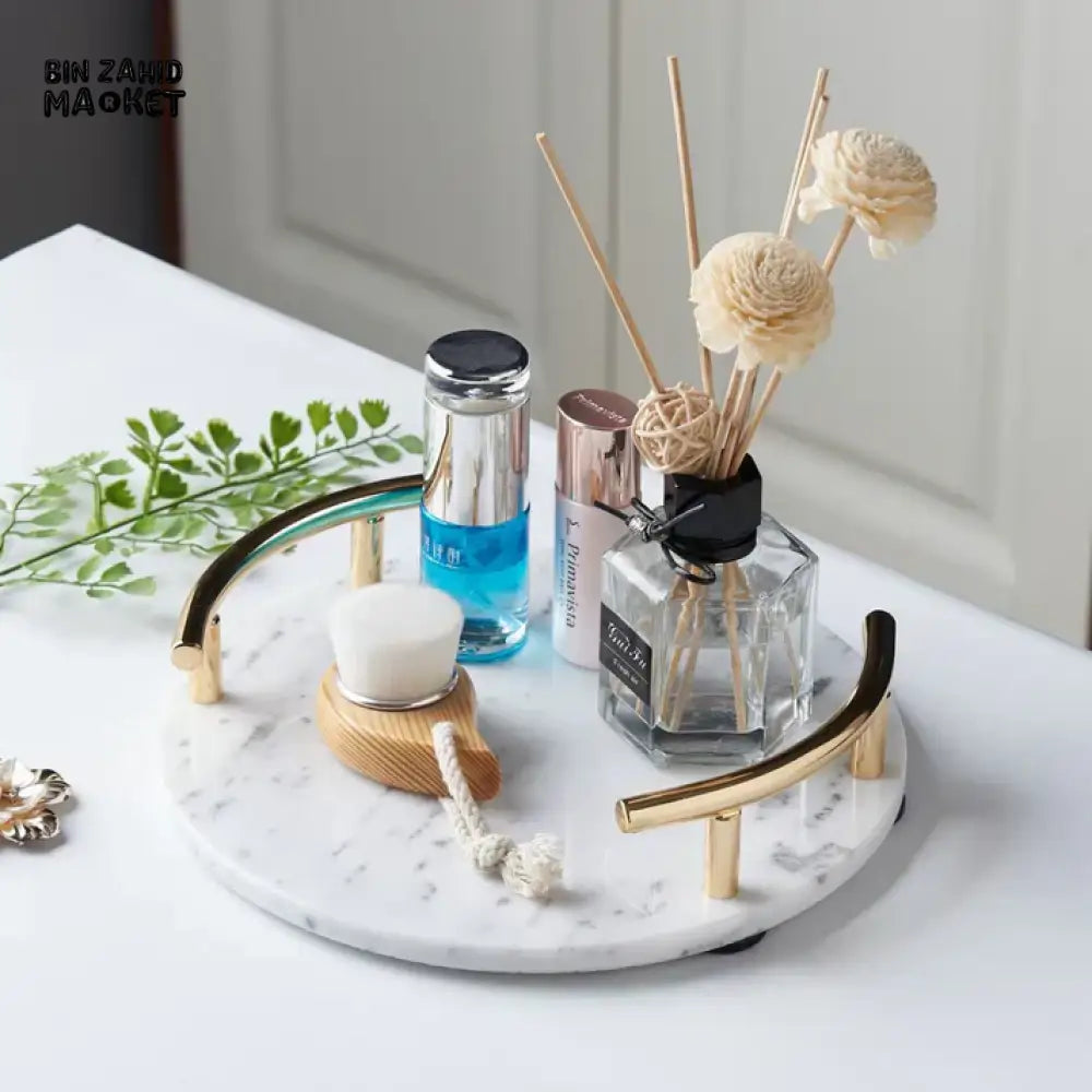 MODERN WHITE MARBLE TRAY WITH GOLD HANDLE