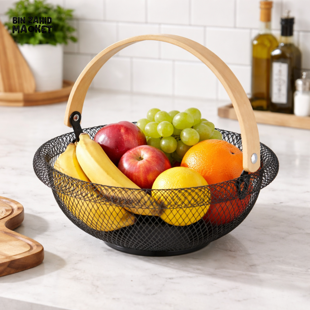 MODERN WIRE FRUIT BASKET WITH WOODEN HANDLE