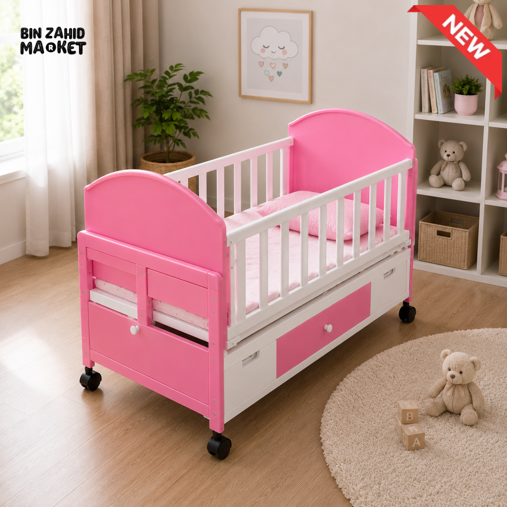 MODERN WOODEN BABY CRIB WITH STORAGE DRAWER - PINK