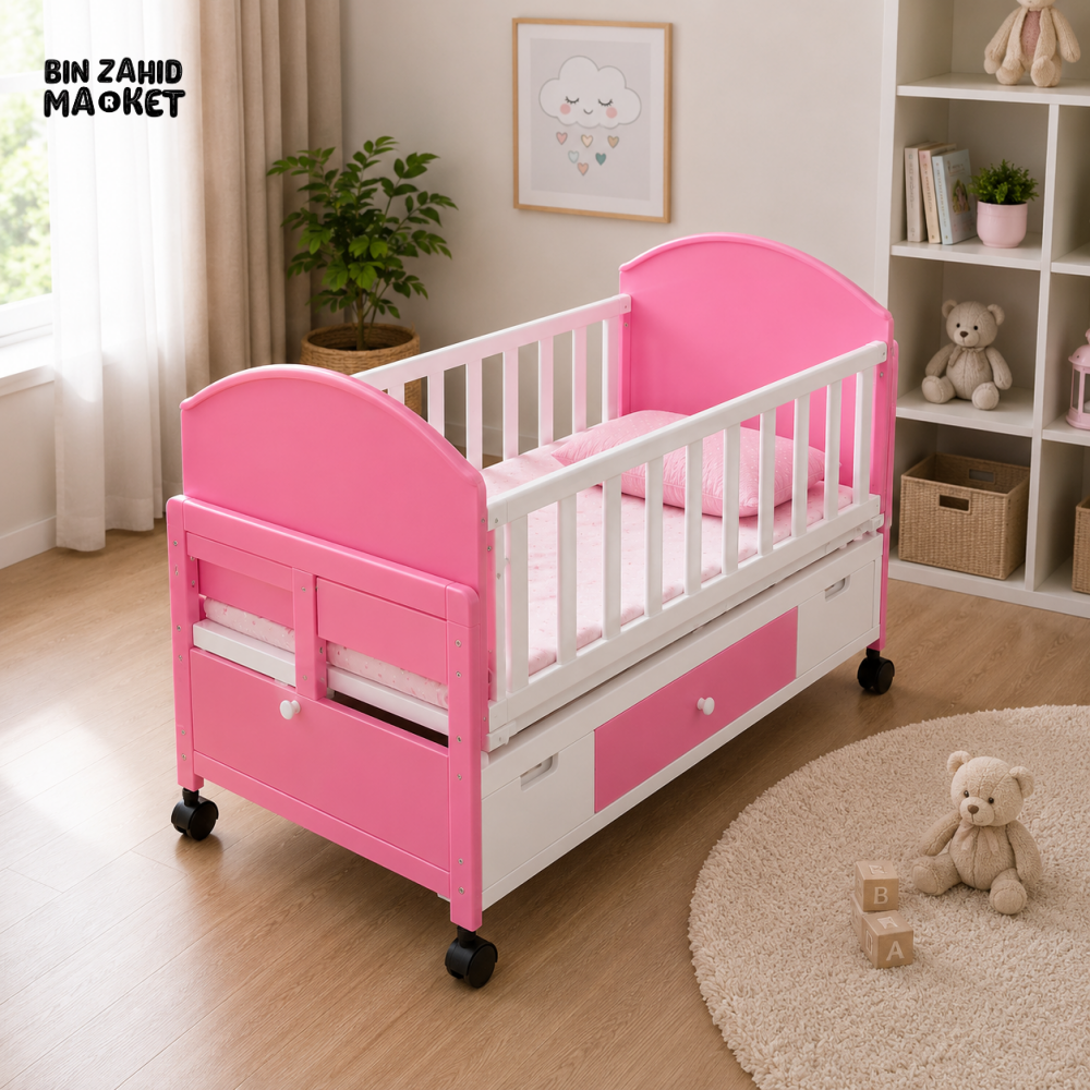 MODERN WOODEN BABY CRIB WITH STORAGE DRAWER - PINK