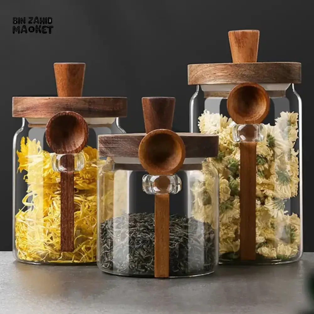 MOISTURE-RESISTANT GLASS CANISTER – WOODEN LID & SPOON FOR KITCHEN STORAGE