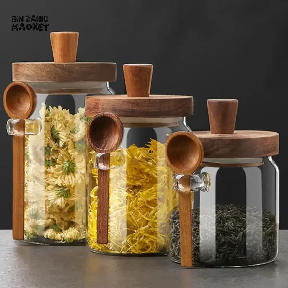 MOISTURE-RESISTANT GLASS CANISTER – WOODEN LID & SPOON FOR KITCHEN STORAGE