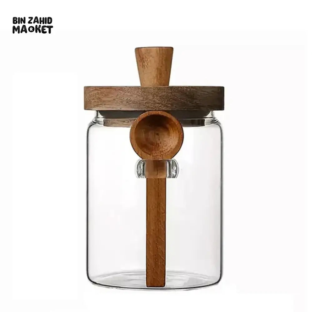 MOISTURE-RESISTANT GLASS CANISTER – WOODEN LID & SPOON FOR KITCHEN STORAGE 750ml