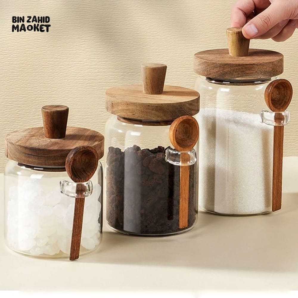 MOISTURE-RESISTANT GLASS CANISTER – WOODEN LID & SPOON FOR KITCHEN STORAGE