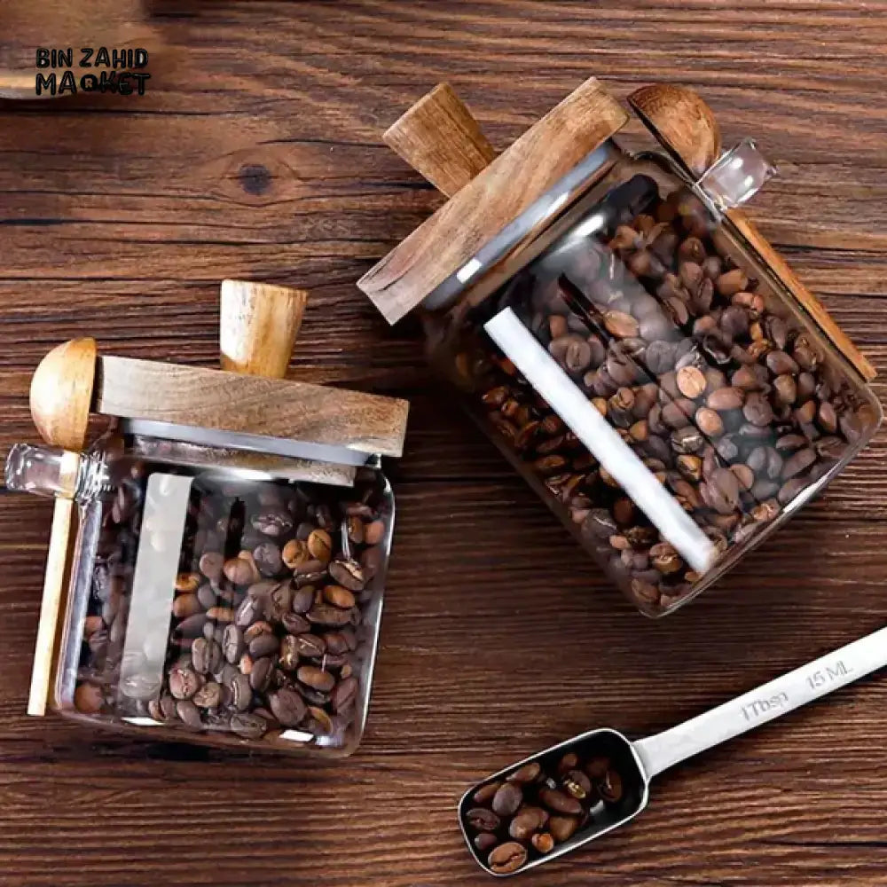 MOISTURE-RESISTANT GLASS CANISTER – WOODEN LID & SPOON FOR KITCHEN STORAGE