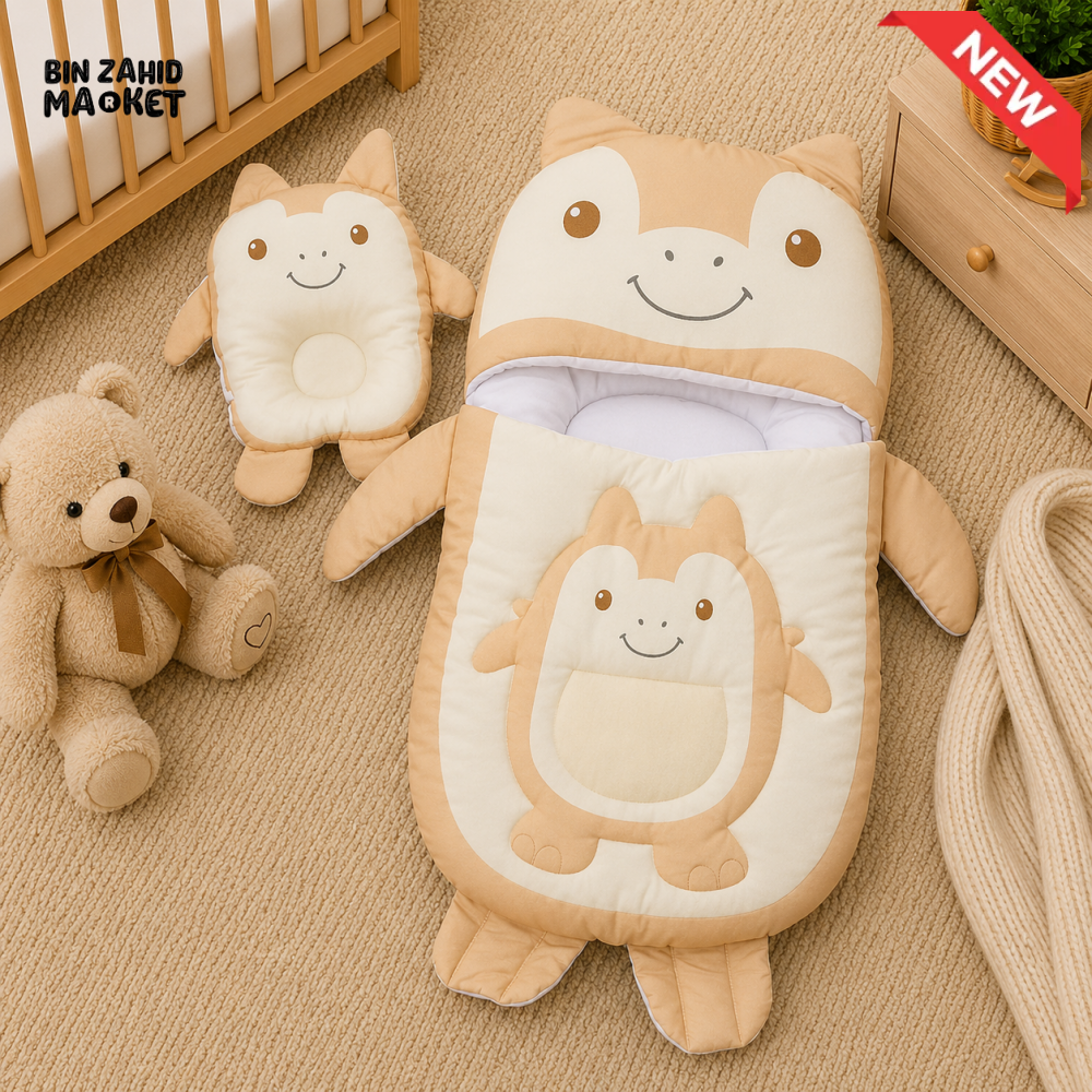 MONSTER DESIGN COTTON POLYESTER BABY SLEEPING BAG WITH MATCHING PILLOW - BEIGE