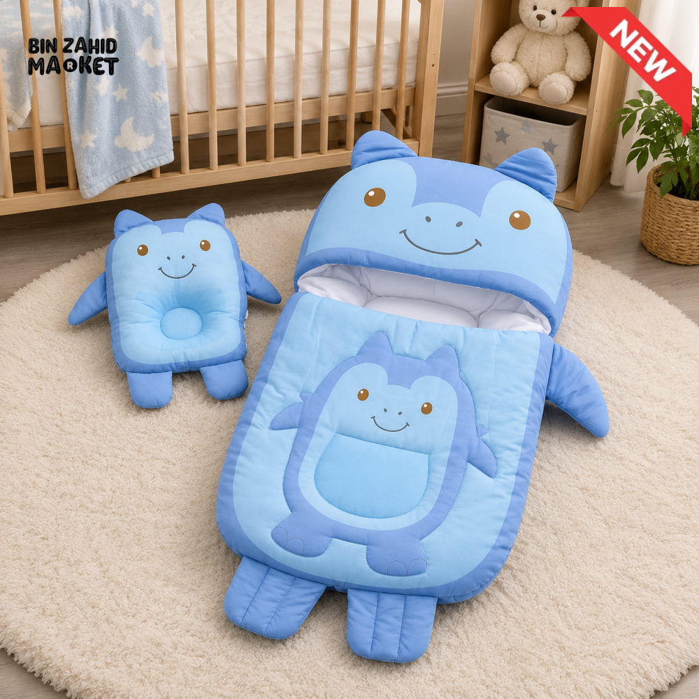 MONSTER DESIGN COTTON POLYESTER BABY SLEEPING BAG WITH MATCHING PILLOW - BLUE