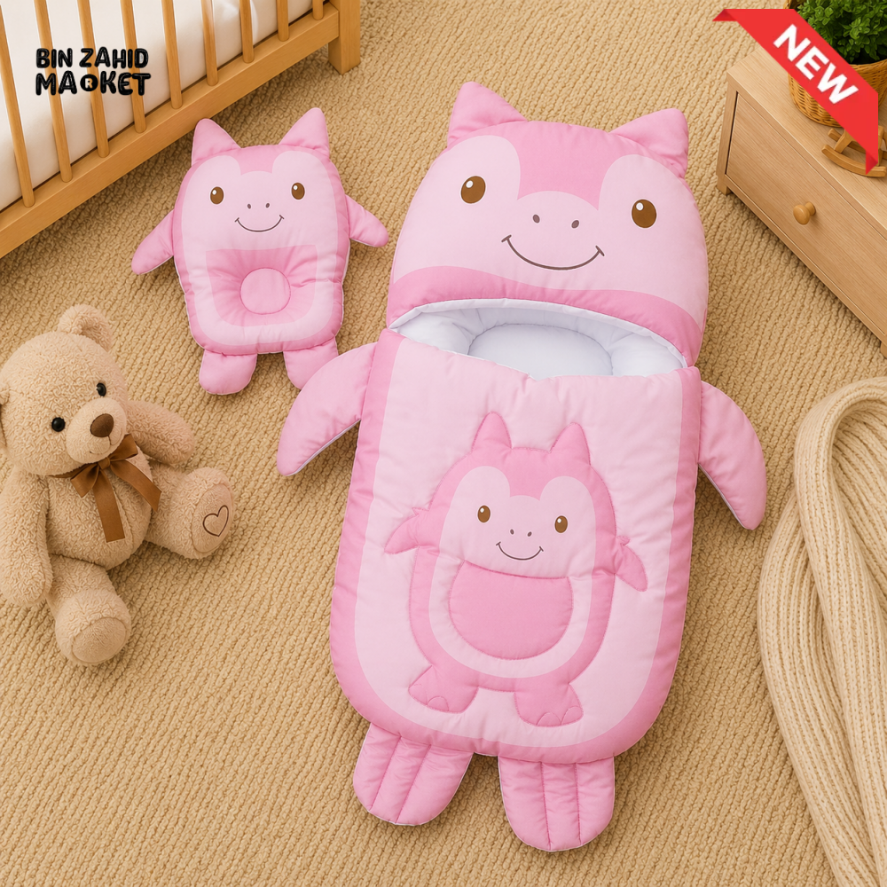 MONSTER DESIGN COTTON POLYESTER BABY SLEEPING BAG WITH MATCHING PILLOW - PINK