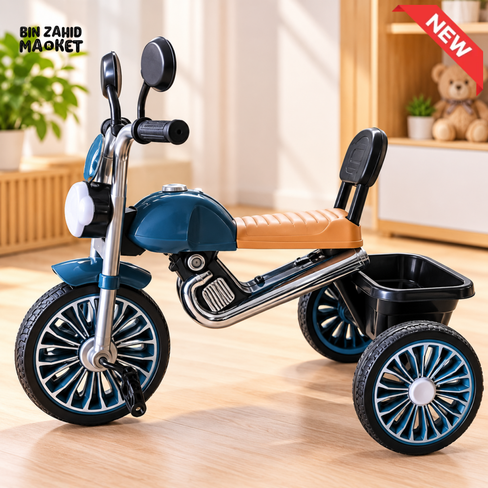 MOTORCYCLE DESIGN KIDS THREE-WHEEL RIDE-ON TRICYCLE WITH REAR STORAGE BASKET - Baby Accessories