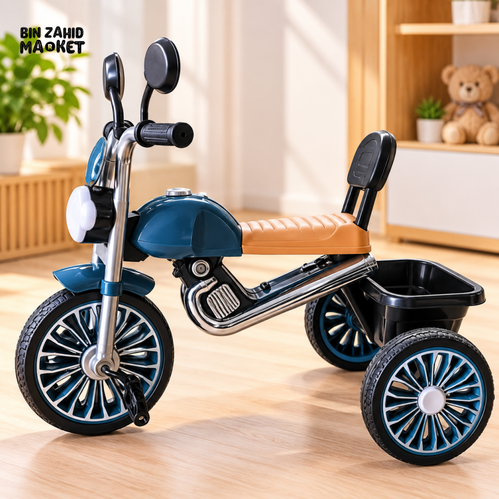MOTORCYCLE DESIGN KIDS THREE-WHEEL RIDE-ON TRICYCLE WITH REAR STORAGE BASKET - Baby Accessories