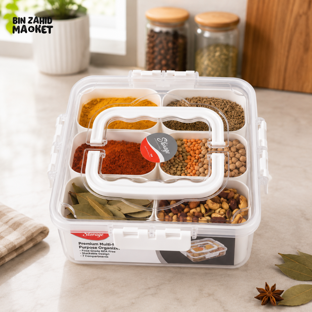 MULTI-COMPARTMENT AIRTIGHT SPICE STORAGE BOX WITH HANDLE