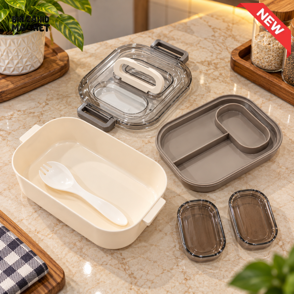 MULTI-COMPARTMENT BENTO LUNCH BOX WITH SPOON & SAUCE CONTAINERS
