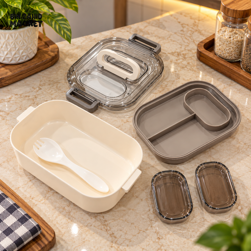 MULTI-COMPARTMENT BENTO LUNCH BOX WITH SPOON & SAUCE CONTAINERS