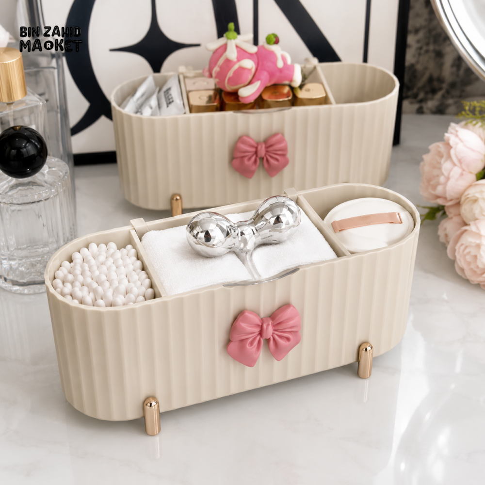 MULTI-COMPARTMENT RIBBED COSMETIC ORGANIZER WITH DECORATIVE BOW