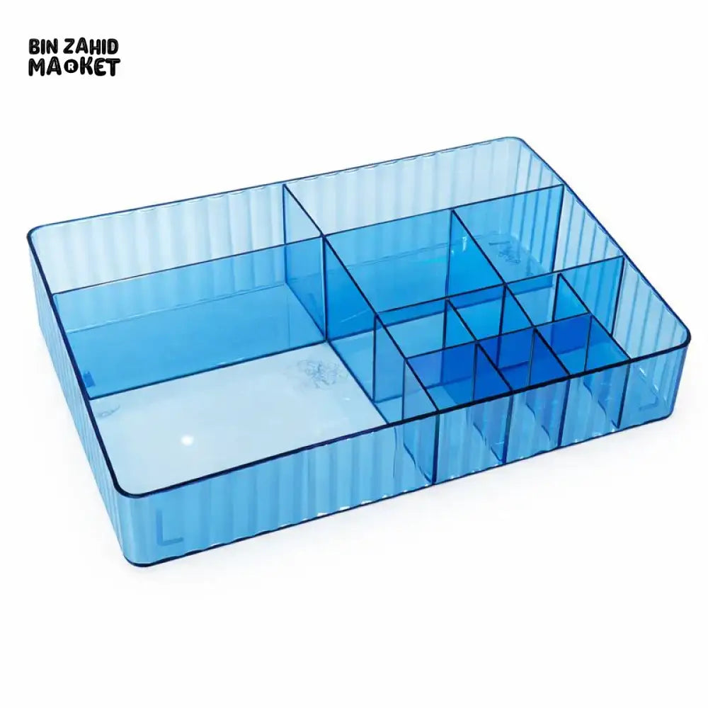 MULTI-COMPARTMENT TRANSPARENT BLUE COSMETIC ORGANIZER TRAY