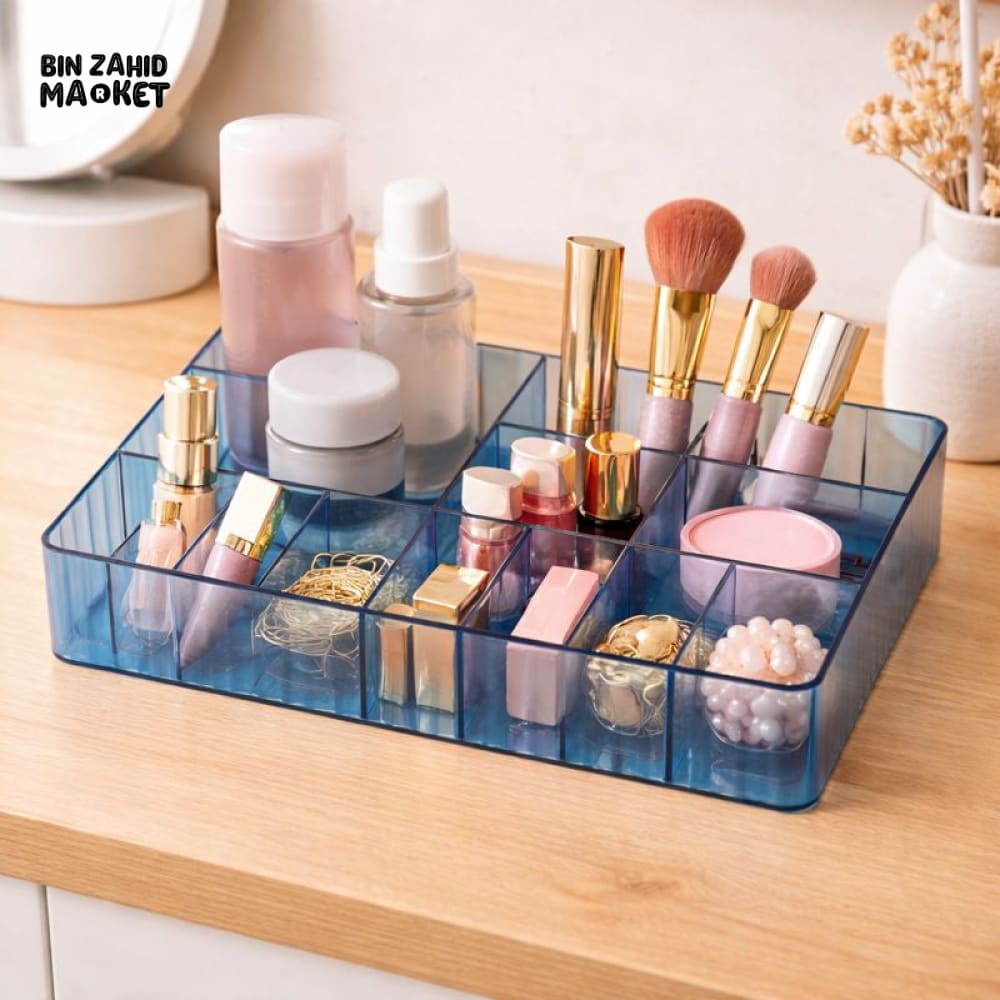 MULTI-COMPARTMENT TRANSPARENT BLUE COSMETIC ORGANIZER TRAY