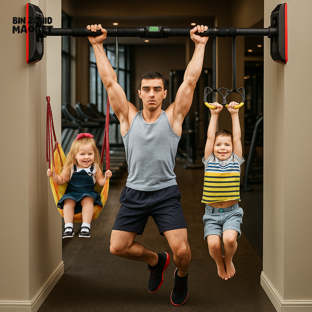 MULTI-FUNCTION DOORWAY PULL-UP BAR WITH KIDS GYM RINGS & SWING – ADJUSTABLE HOME WORKOUT FITNESS BAR FOR MEN & CHILDREN