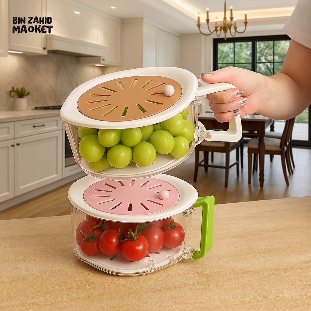 MULTI-FUNCTION FRIDGE FRUIT VEGETABLE STORAGE BOX – STACKABLE DRAIN BASKET WITH HANDLE & LID FOR WASHING AND ORGANIZING