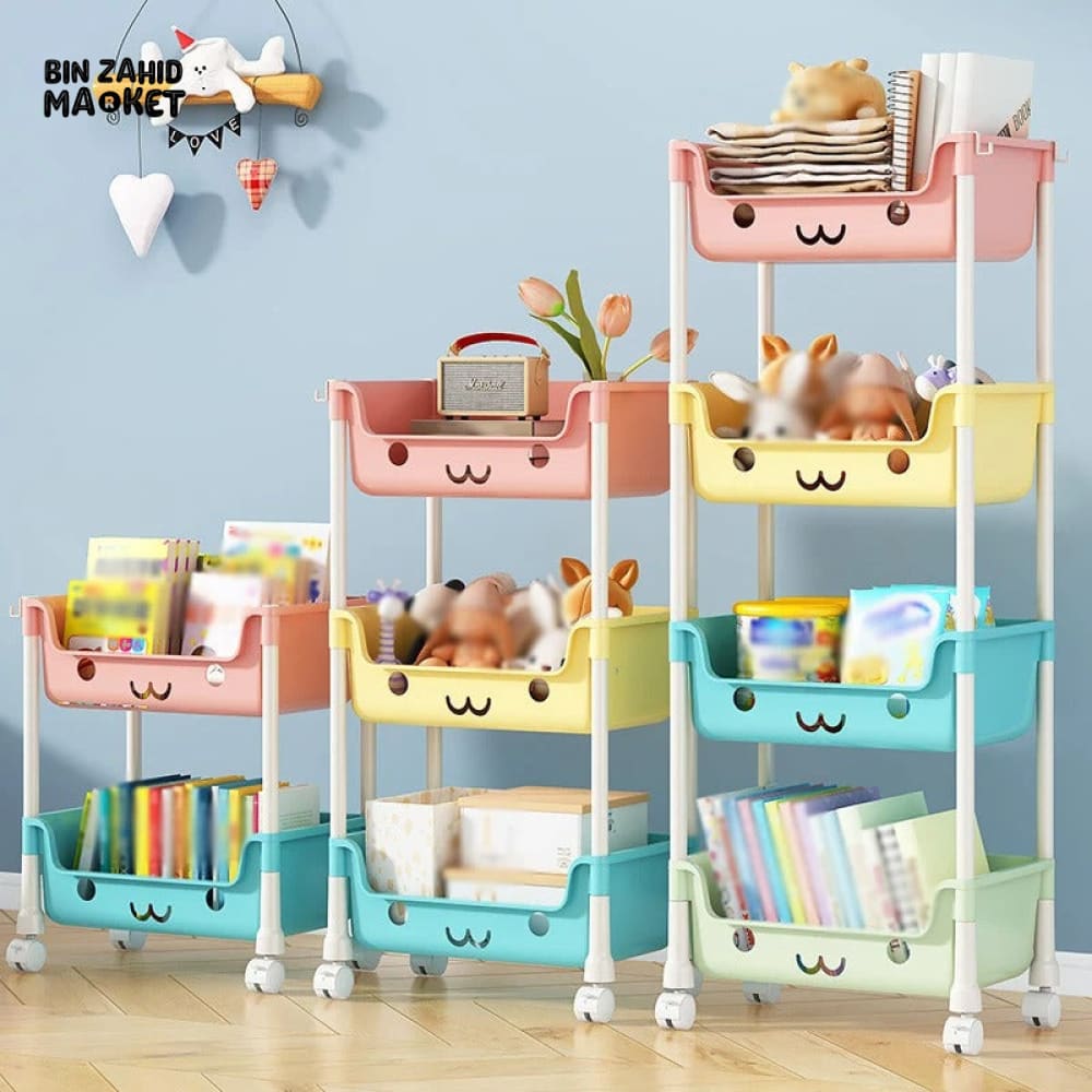 MULTI-LAYER CARTOON SMILEY MOVABLE TROLLEY – 3-LAYER KIDS’ TOY & SNACK STORAGE ORGANIZER SHELF