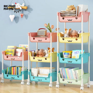 MULTI-LAYER CARTOON SMILEY MOVABLE TROLLEY – 3-LAYER KIDS’ TOY & SNACK STORAGE ORGANIZER SHELF