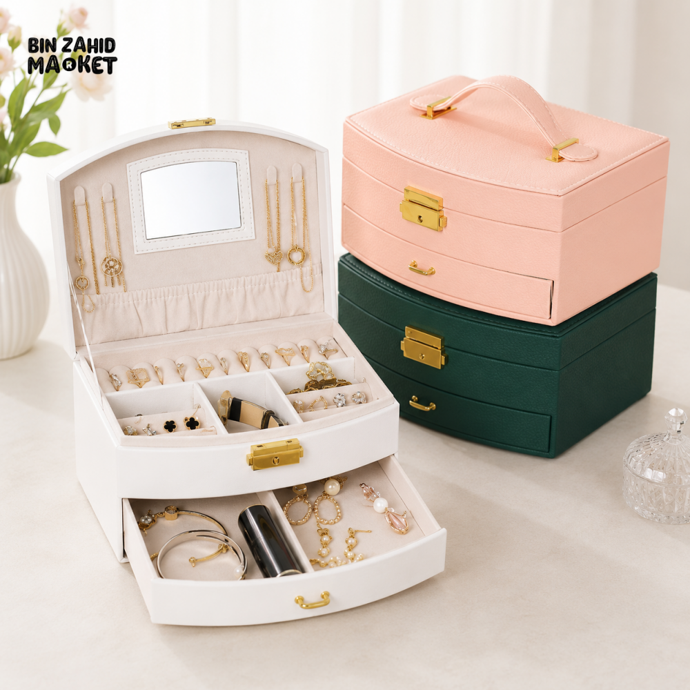 MULTI-LAYER JEWELRY ORGANIZER BOX WITH MIRROR & DRAWER