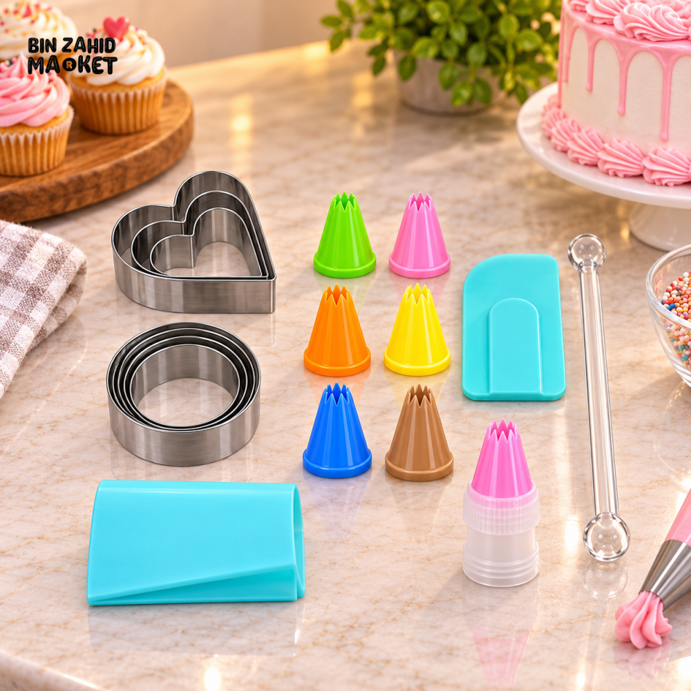 MULTI-PIECE CAKE DECORATING PIPING TIPS AND BAKING TOOL SET WITH COOKIE CUTTERS
